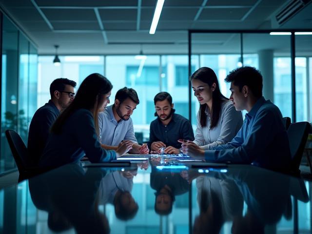Professional Falcon Net team members collaborating in a modern office environment.