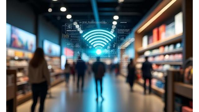 Image depicting a modern retail environment with a digital overlay, symbolizing managed WiFi.